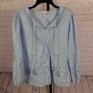 Adiva Boho Peasant Eyelet Light Blue Long Sleeve Top Size XL